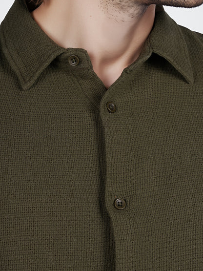 Celio* Solid Regular Fit Cotton Olive Shirt