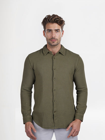 Celio* Solid Regular Fit Cotton Olive Shirt