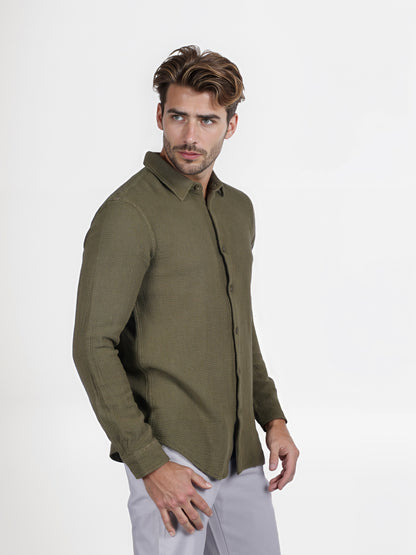 Celio* Solid Regular Fit Cotton Olive Shirt