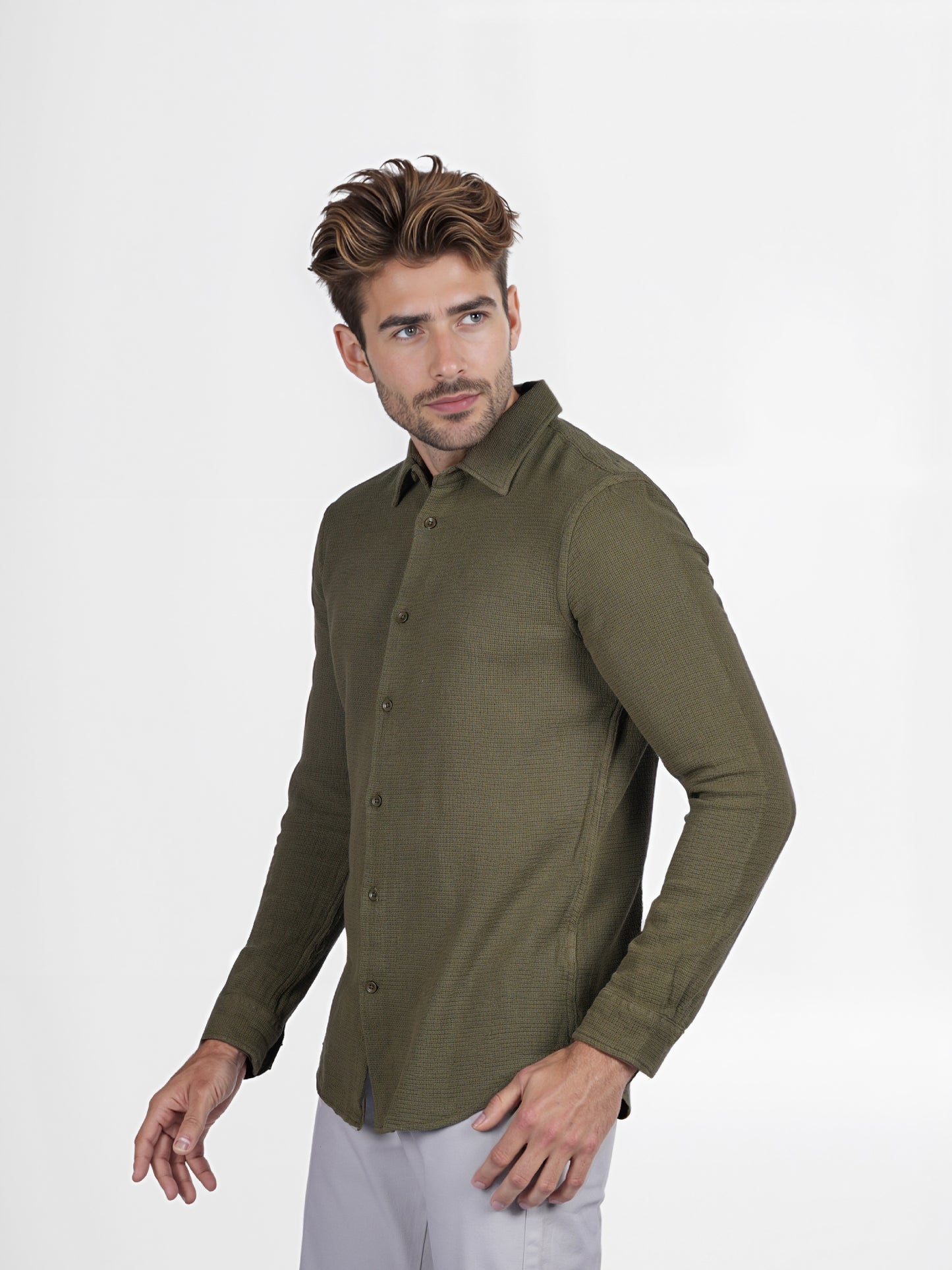 Celio* Solid Regular Fit Cotton Olive Shirt