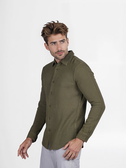 Celio* Solid Regular Fit Cotton Olive Shirt
