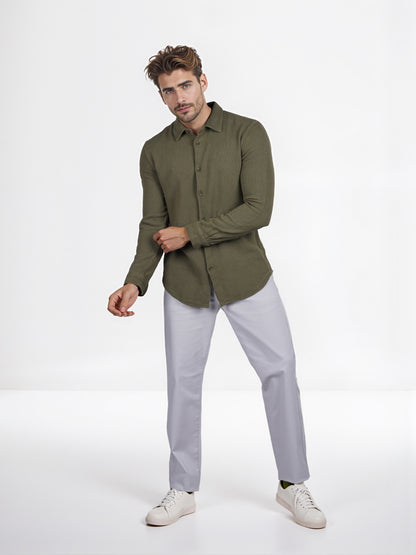 Celio* Solid Regular Fit Cotton Olive Shirt