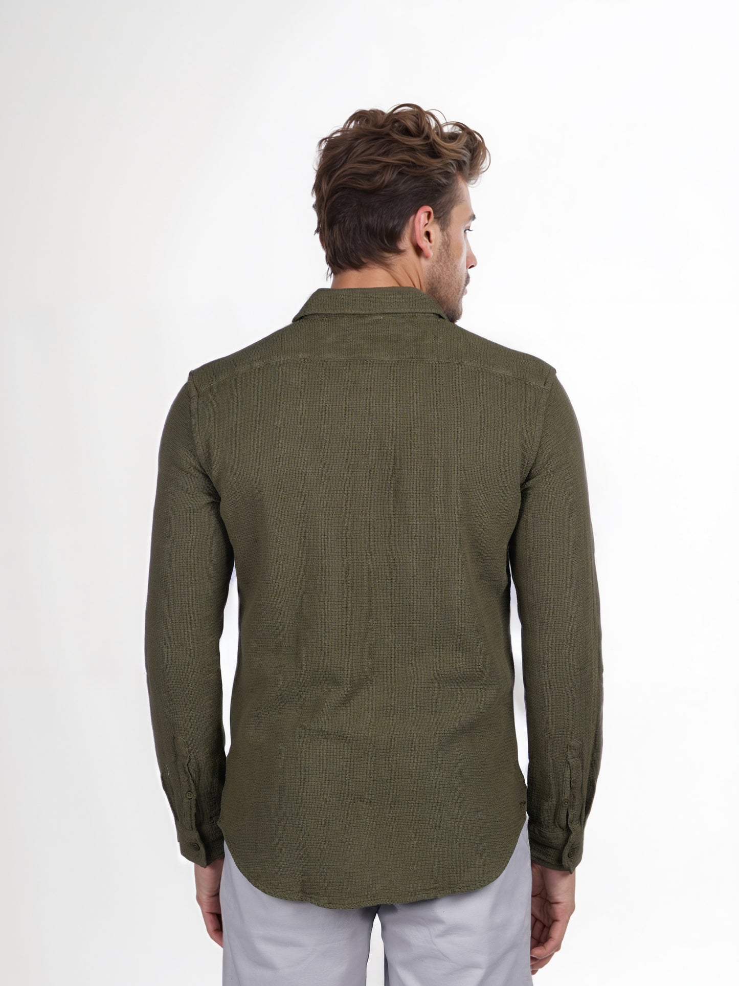 Celio* Solid Regular Fit Cotton Olive Shirt