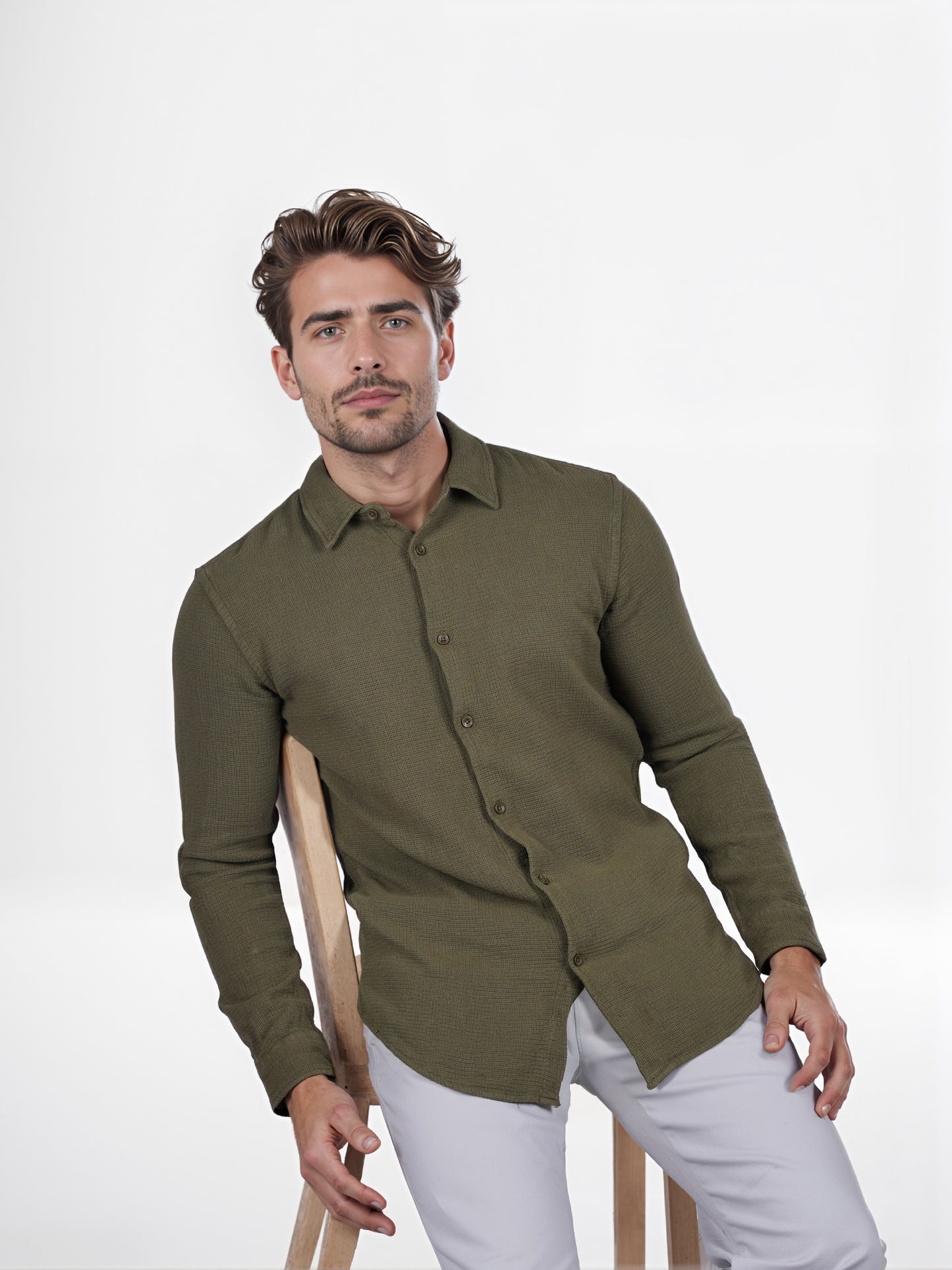 Celio* Solid Regular Fit Cotton Olive Shirt