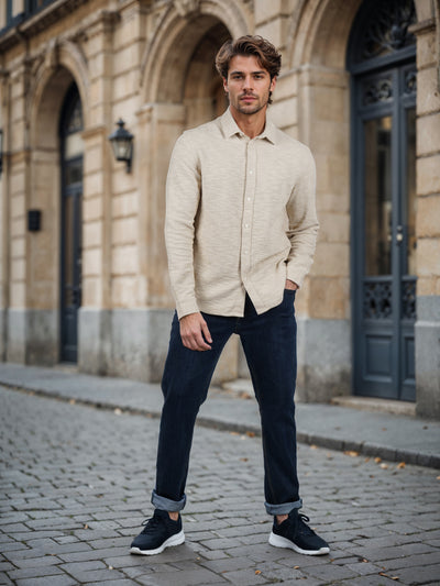 Celio* Solid Regular Fit Poly-Cotton Beige Shirts