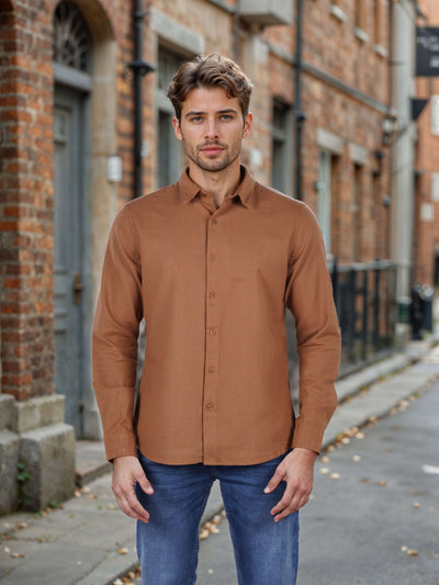 Celio Men Brown Solid Regular Fit Cotton Shirts