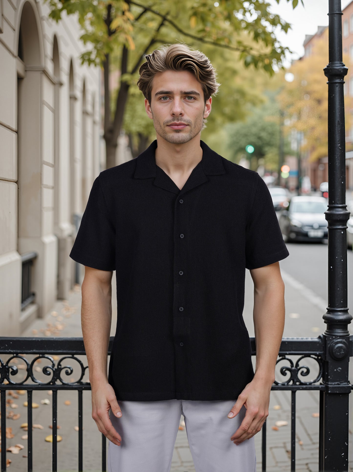 Celio* Solid Regular Fit Poly-Cotton Black Shirt
