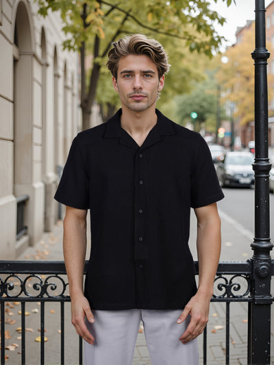 Celio* Solid Regular Fit Poly-Cotton Black Shirt