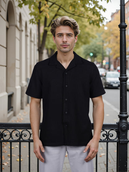 Celio* Solid Regular Fit Poly-Cotton Black Shirt