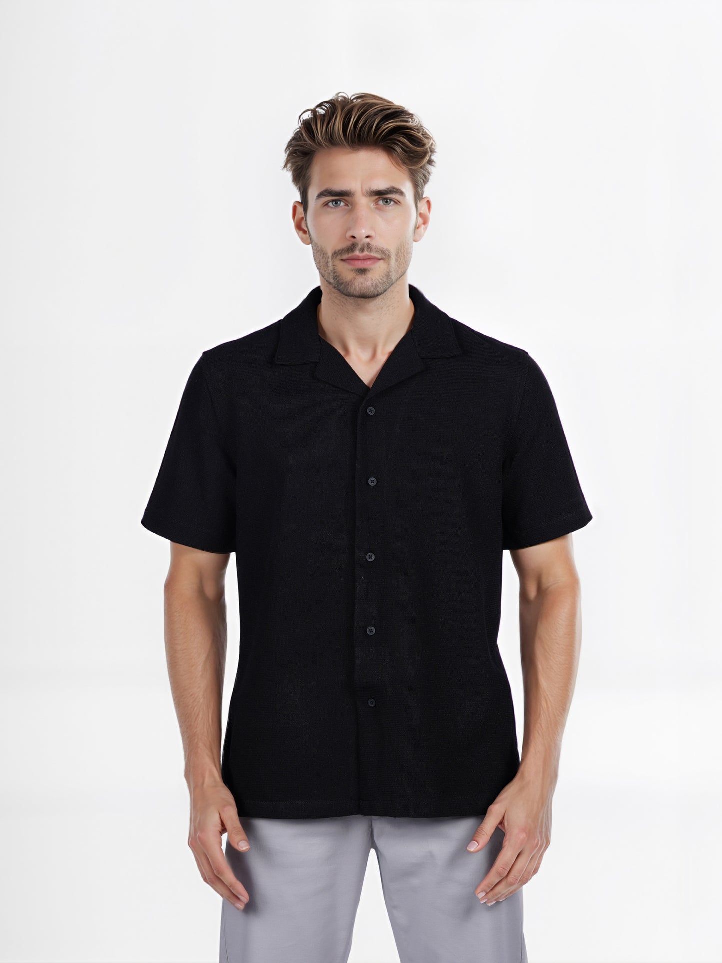 Celio* Solid Regular Fit Poly-Cotton Black Shirt