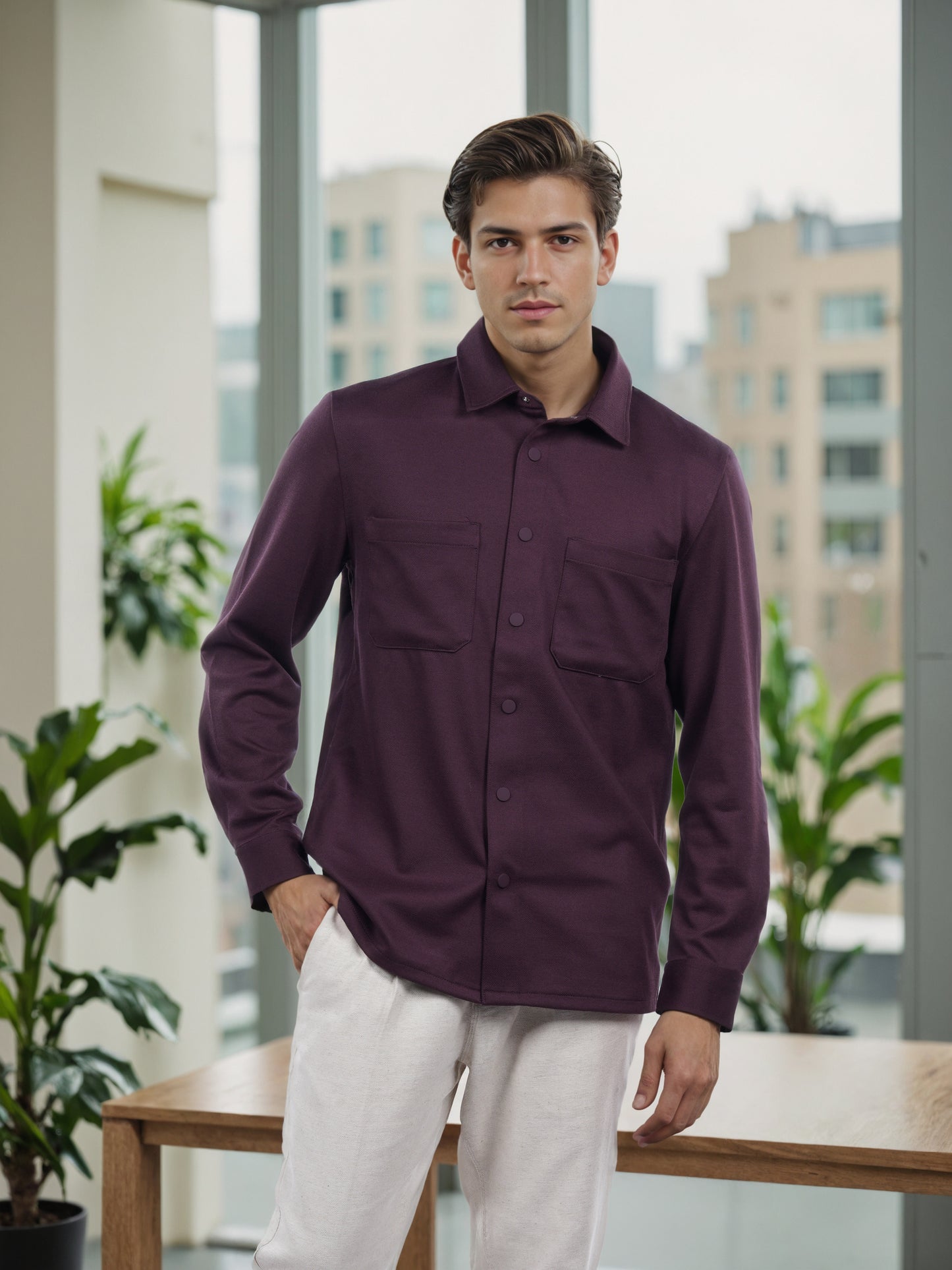 Celio* Men Maroon Solid Overshirt Polyester Shirt