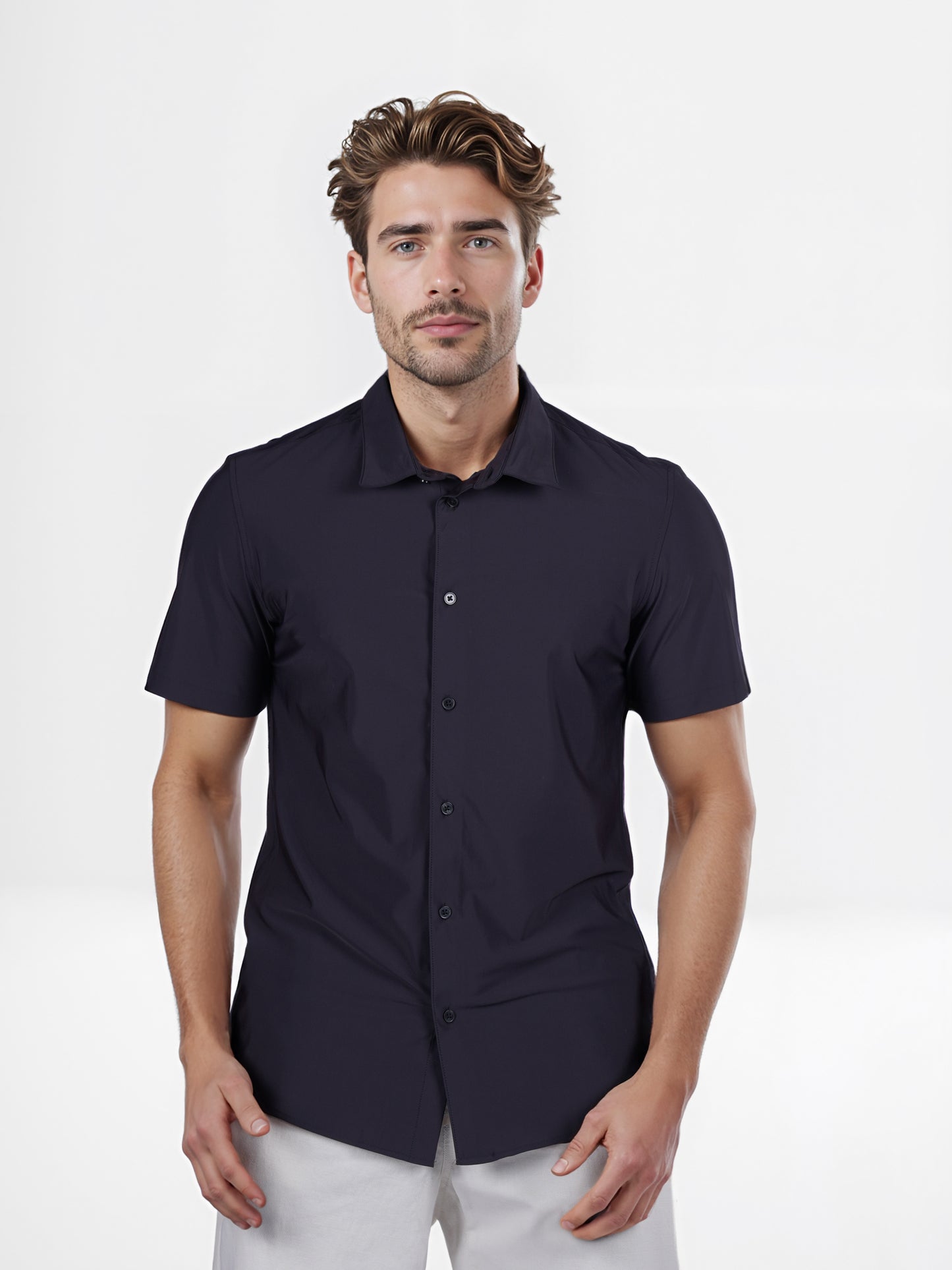 Celio* Solid Slim Fit Poly-Cotton Black Shirt