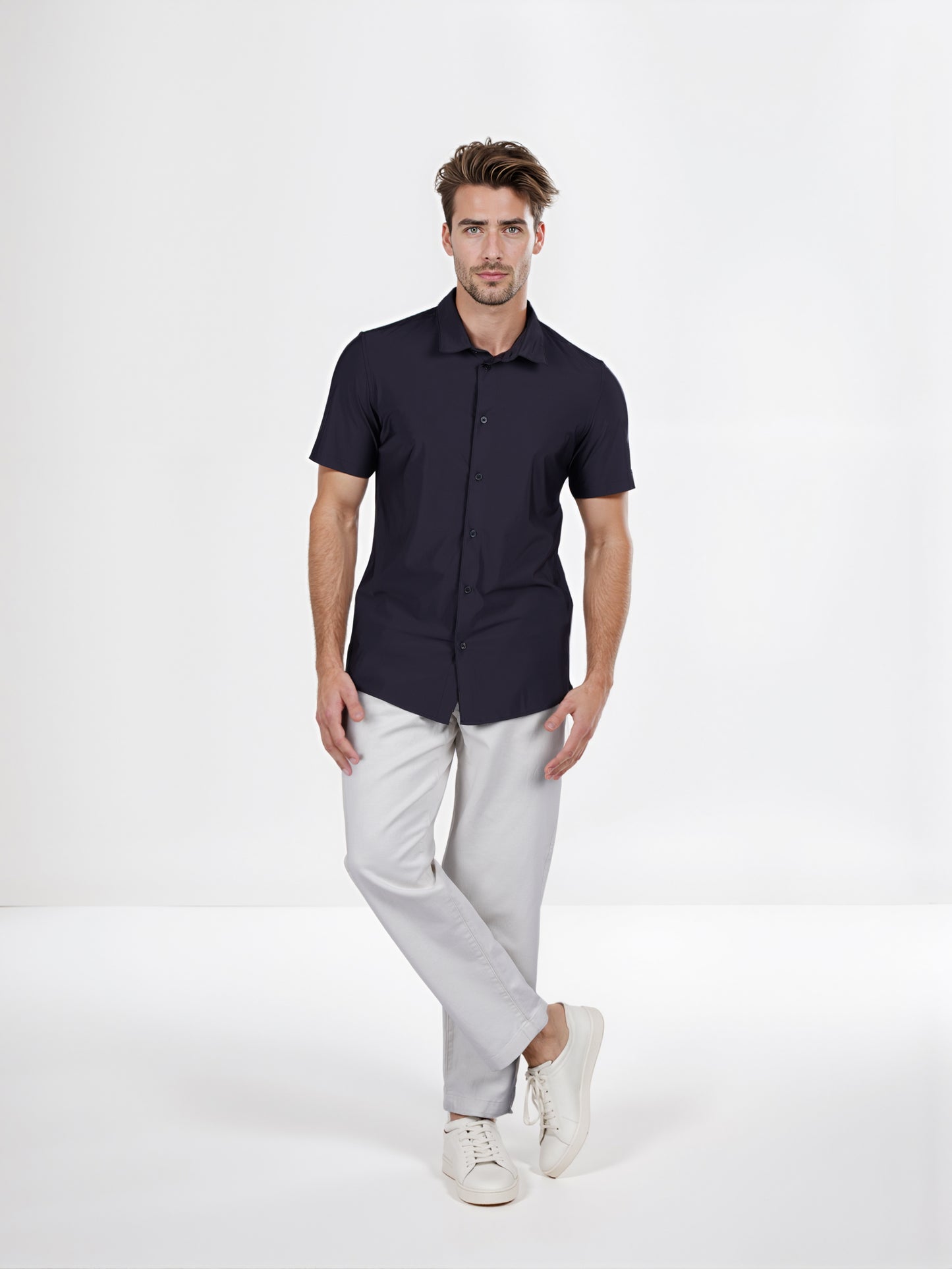 Celio* Solid Slim Fit Poly-Cotton Black Shirt