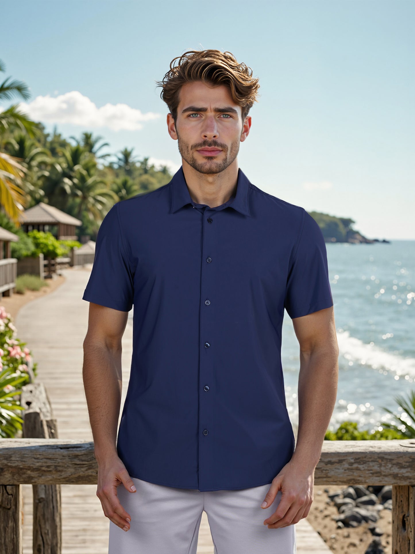 Celio* Solid Slim Fit Poly-Cotton Navy Blue Shirt