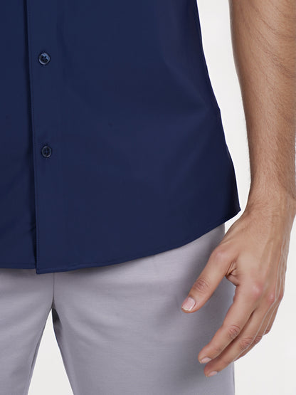 Celio* Solid Slim Fit Poly-Cotton Navy Blue Shirt