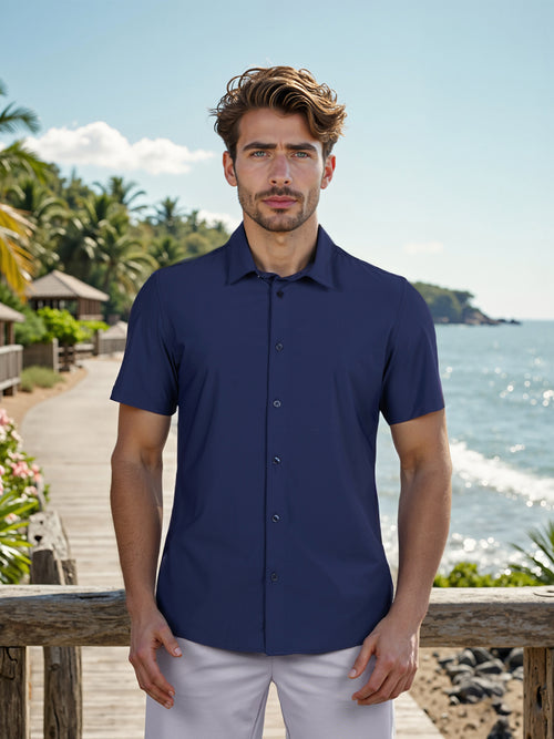 Celio* Solid Slim Fit Poly-Cotton Navy Blue Shirt