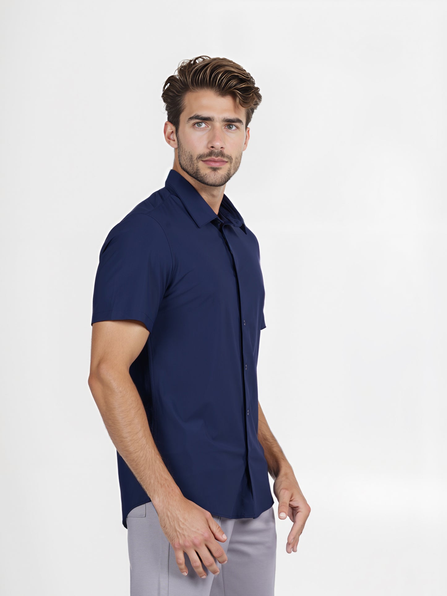 Celio* Solid Slim Fit Poly-Cotton Navy Blue Shirt