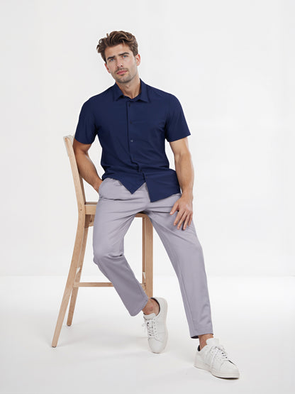 Celio* Solid Slim Fit Poly-Cotton Navy Blue Shirt