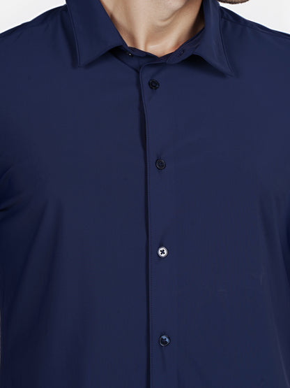Celio* Solid Slim Fit Poly-Cotton Navy Blue Shirt