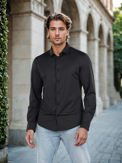 Celio* Solid Slim Fit Polyester-Blend Black Shirts