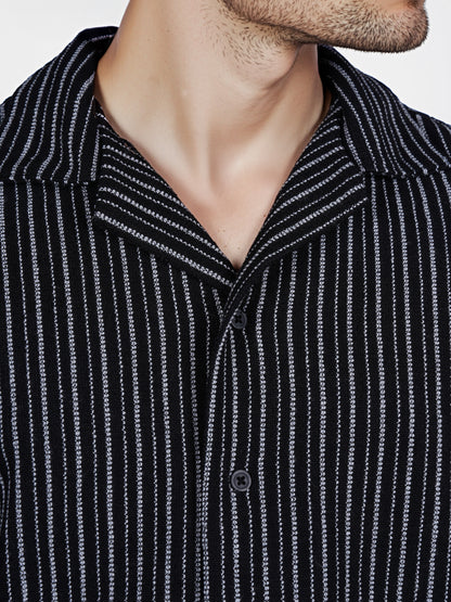 Celio* Striped Regular Fit Cotton Black Shirt