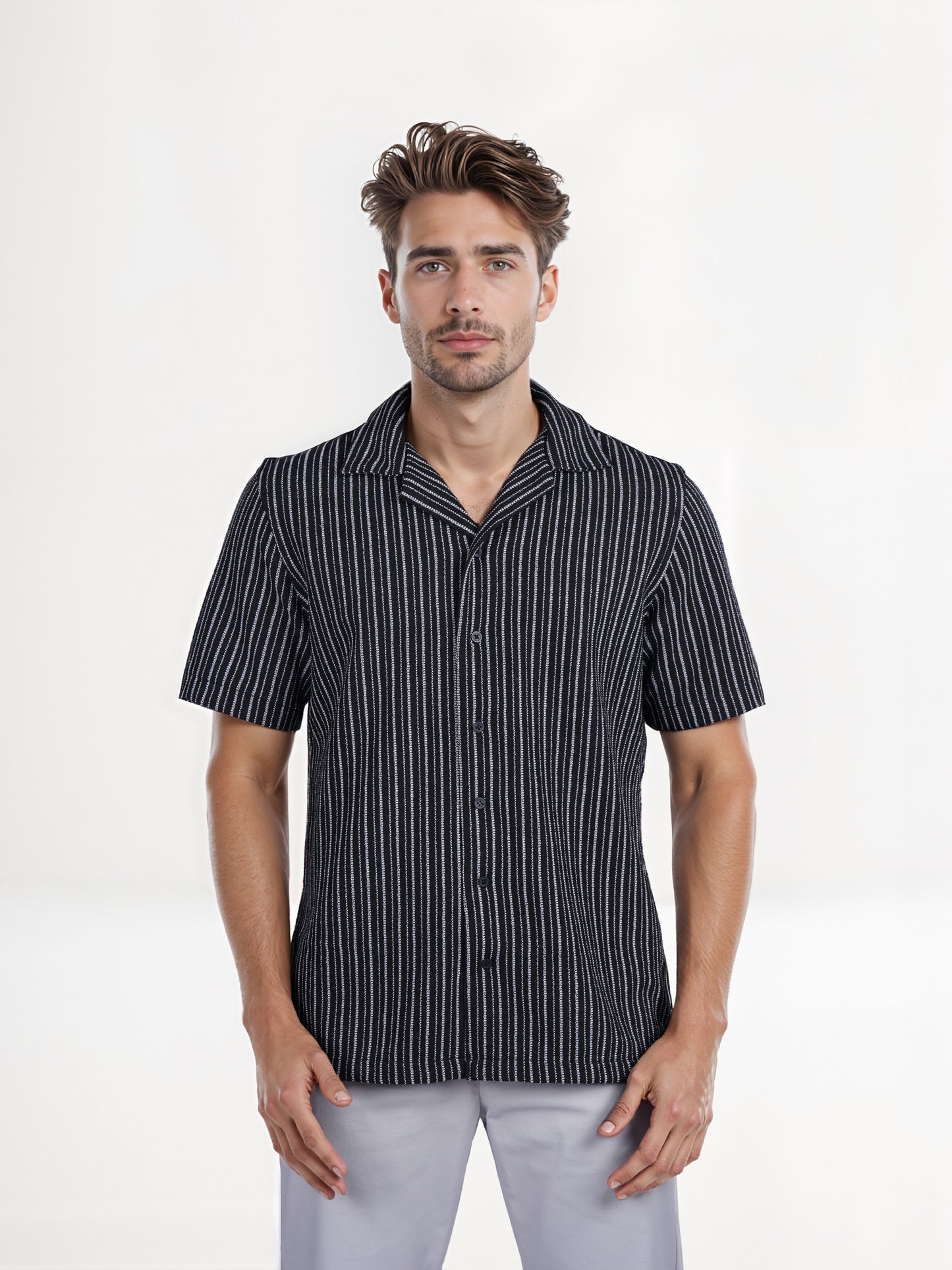 Celio* Striped Regular Fit Cotton Black Shirt