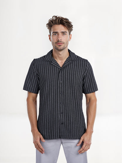 Celio* Striped Regular Fit Cotton Black Shirt