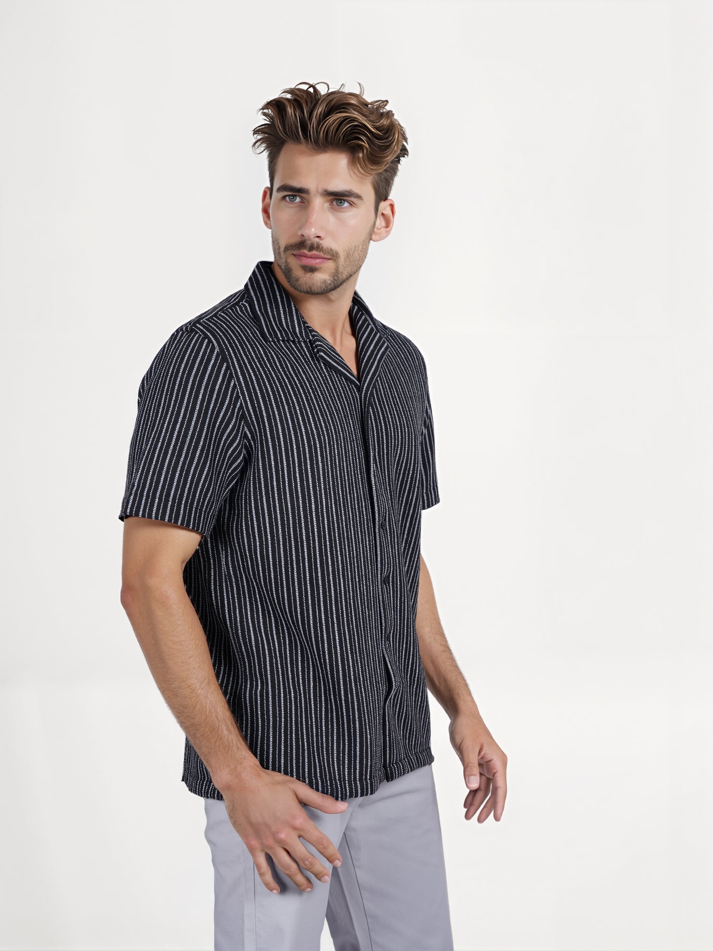 Celio* Striped Regular Fit Cotton Black Shirt