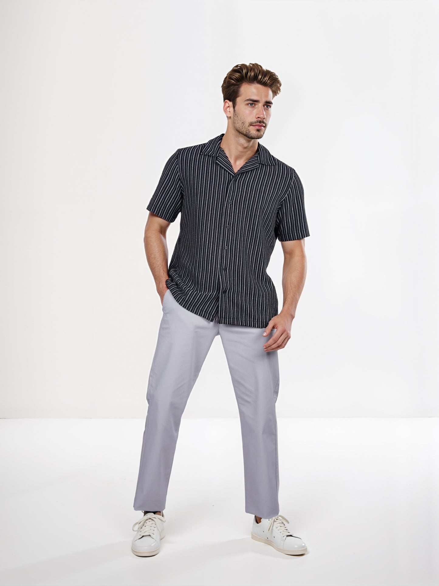 Celio* Striped Regular Fit Cotton Black Shirt