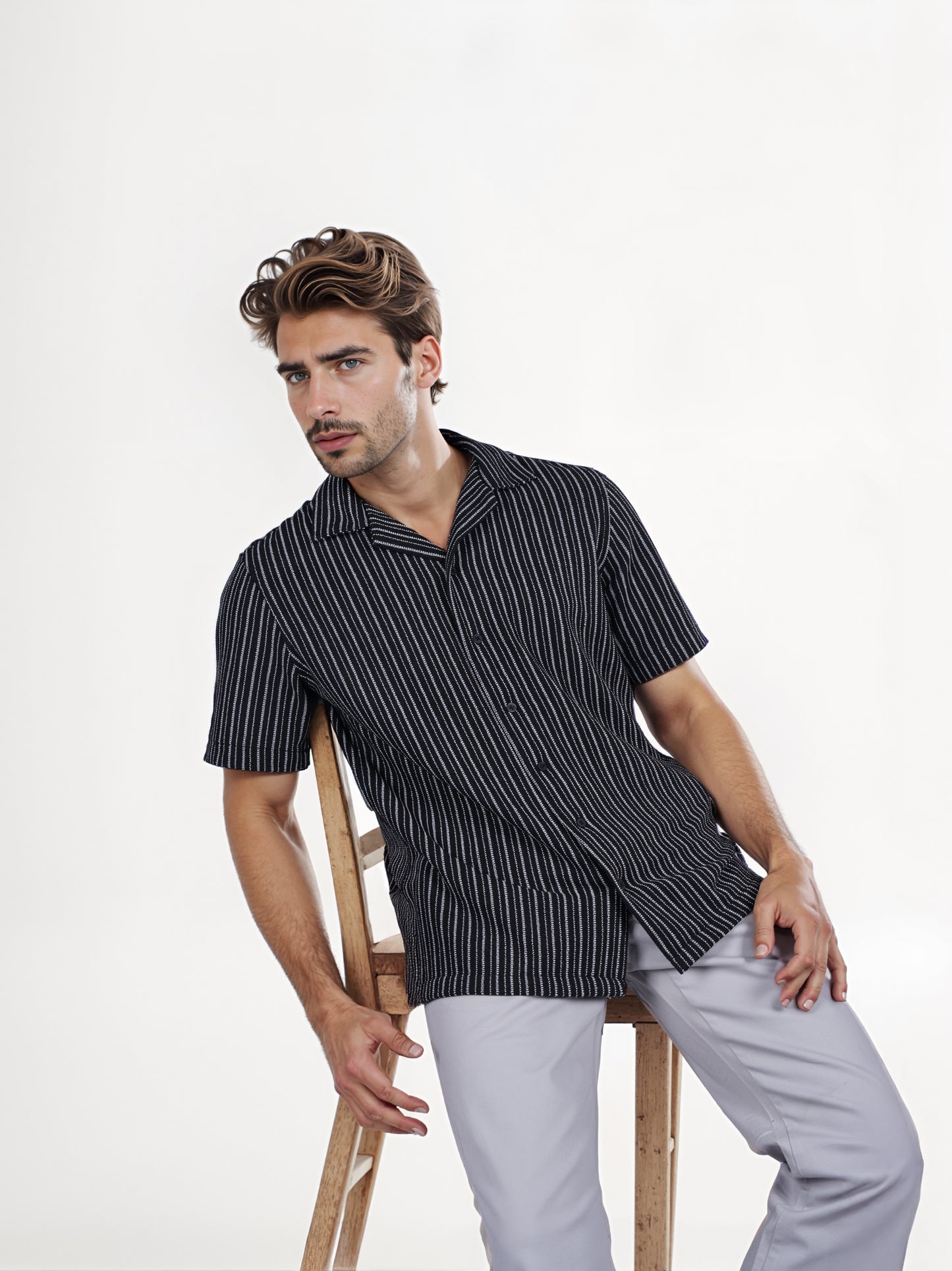 Celio* Striped Regular Fit Cotton Black Shirt