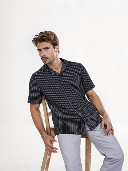 Celio* Striped Regular Fit Cotton Black Shirt