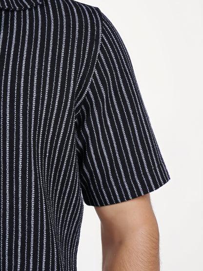 Celio* Striped Regular Fit Cotton Black Shirt