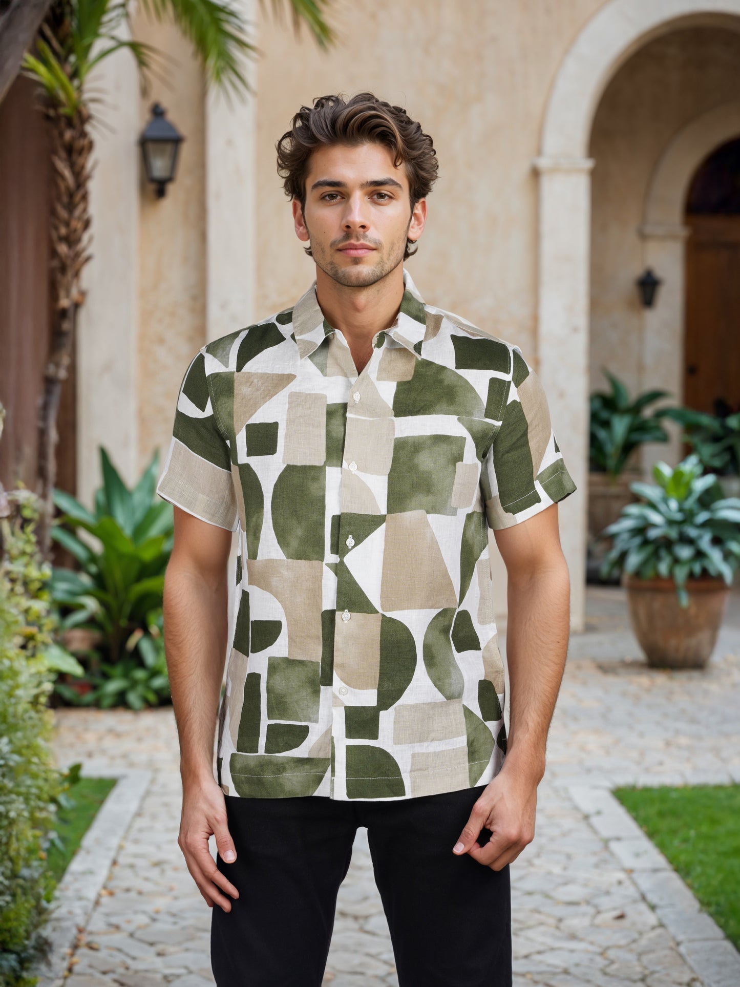 Celio* Printed Regular Fit Linen Olive Shirt