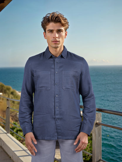 Celio* Solid Overshirt Linen-Blend Navy Blue Shirt