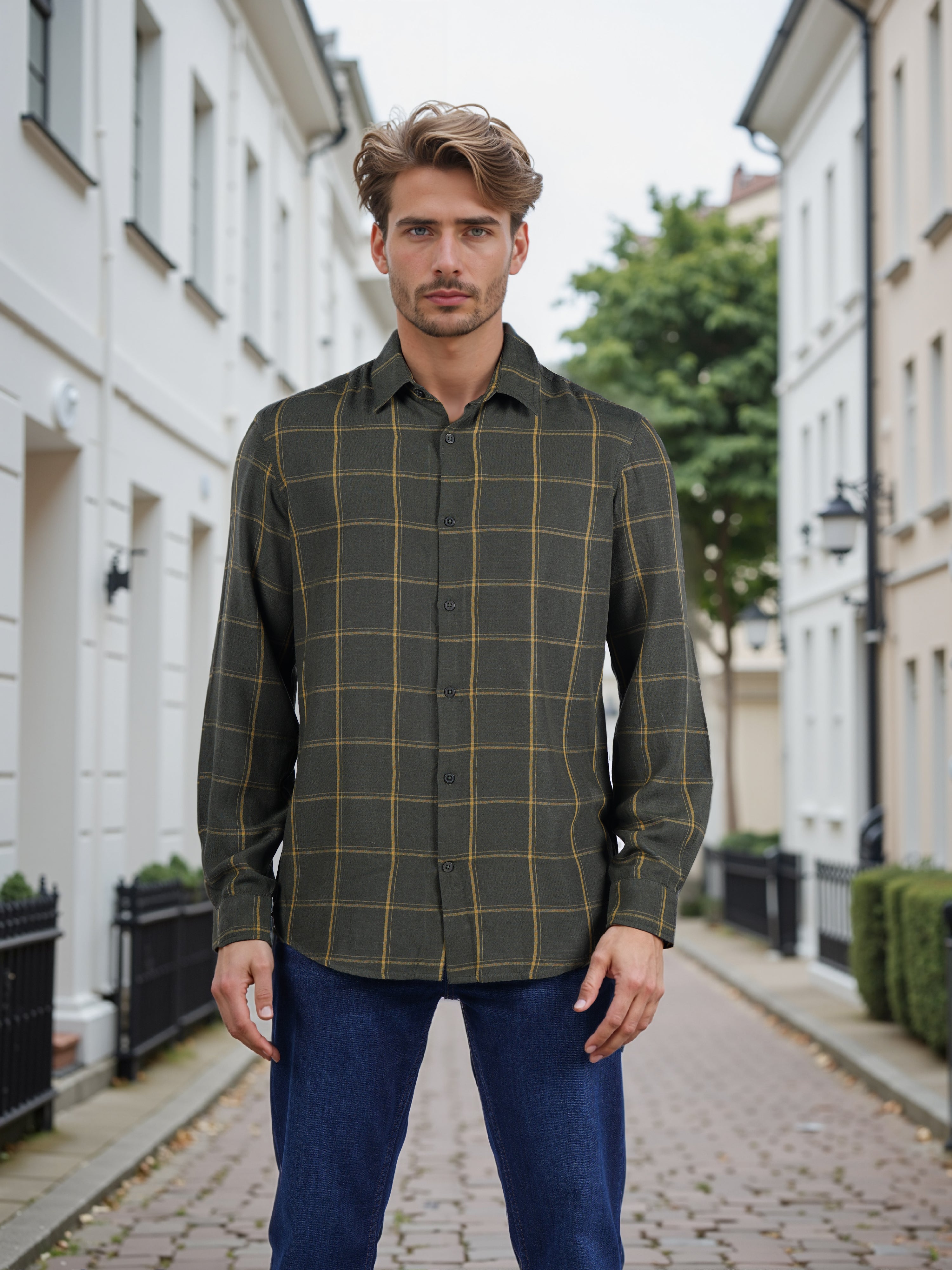 Celio* Men Olive Checked Regular Fit Viscose Rayon Shirt