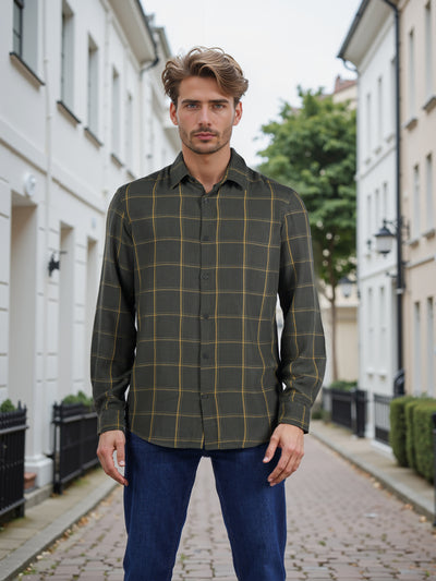 Celio* Men Olive Checked Regular Fit Viscose Rayon Shirt