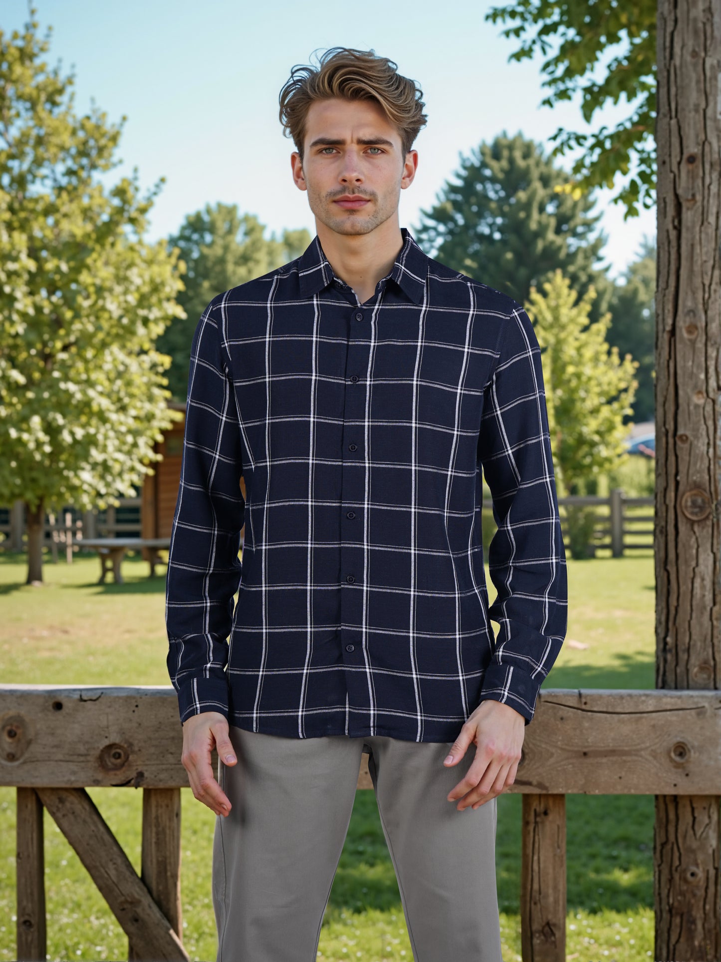 Celio* Men Navy Blue Checked Regular Fit Viscose Rayon Shirt