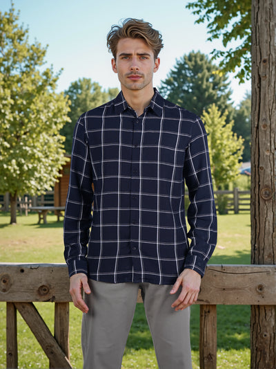 Celio* Men Navy Blue Checked Regular Fit Viscose Rayon Shirt