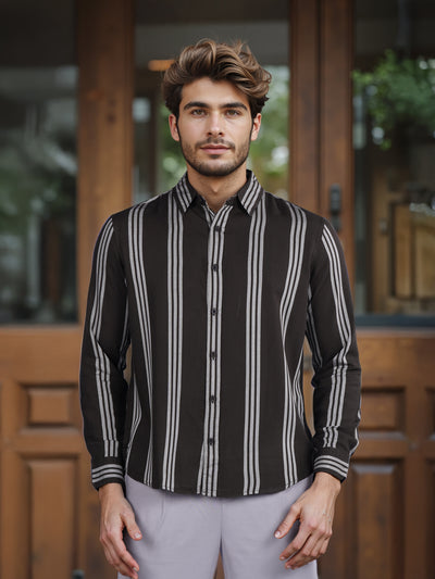 Celio* Striped Regular Fit Viscose Black Shirt