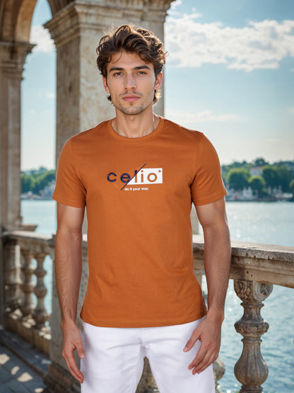 Celio* Printed Straight Fit Cotton Brown T-Shirt