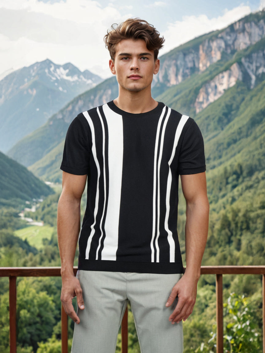 Celio* Men Black Striped Regular Fit Cotton T-shirt