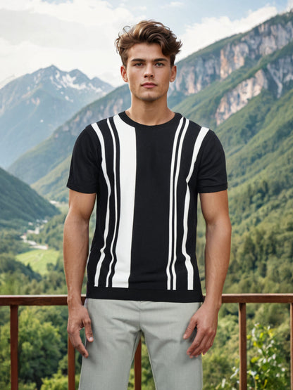 Celio* Men Black Striped Regular Fit Cotton T-shirt