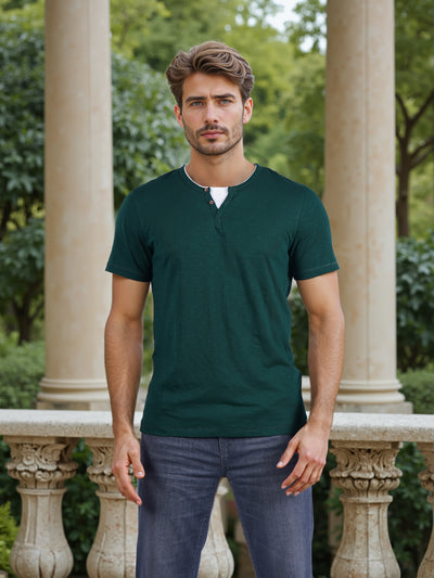Celio* Men Green Solid Regular Fit Cotton Henley Tshirt