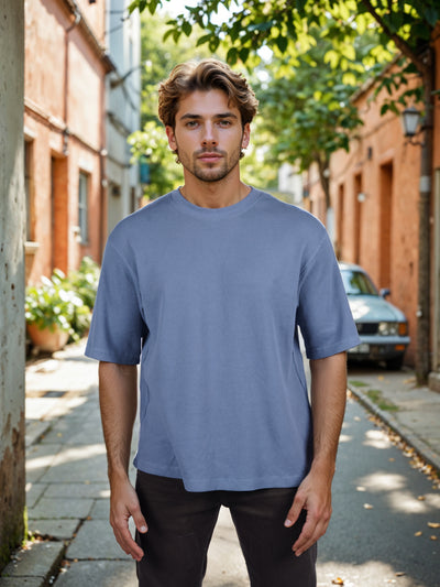 Celio* Solid Oversized Cotton Blue T-Shirt