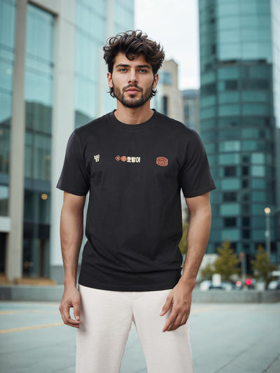 Celio* Printed Boxy Fit Cotton Black T-Shirts