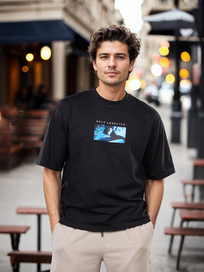 Celio* Men Black Printed Oversized Cotton Solo Levelling Tshirts