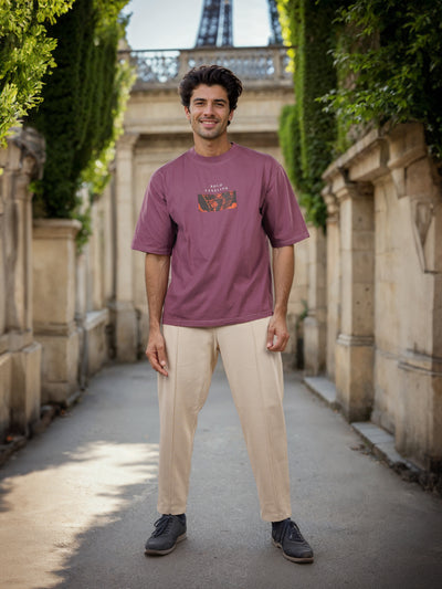 Celio* Men Burgundy Printed Oversized Cotton Solo Levelling Tshirts