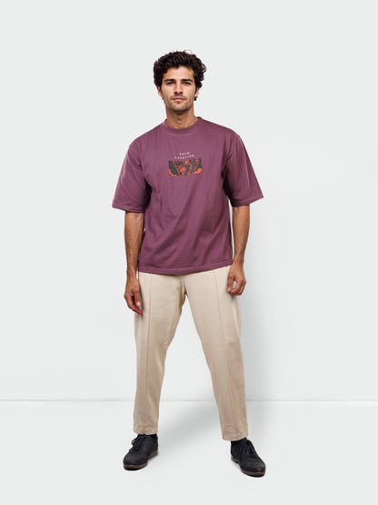 Celio Men Burgundy Printed Oversized Cotton Solo Levelling Tshirts