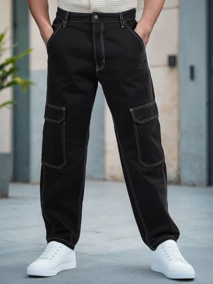 Black Cotton Loose Fit Cargo Jeans