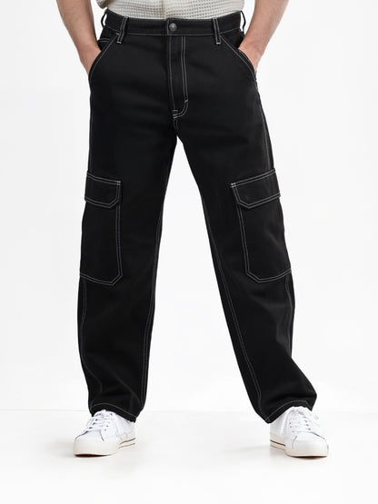 Black Cotton Loose Fit Cargo Jeans